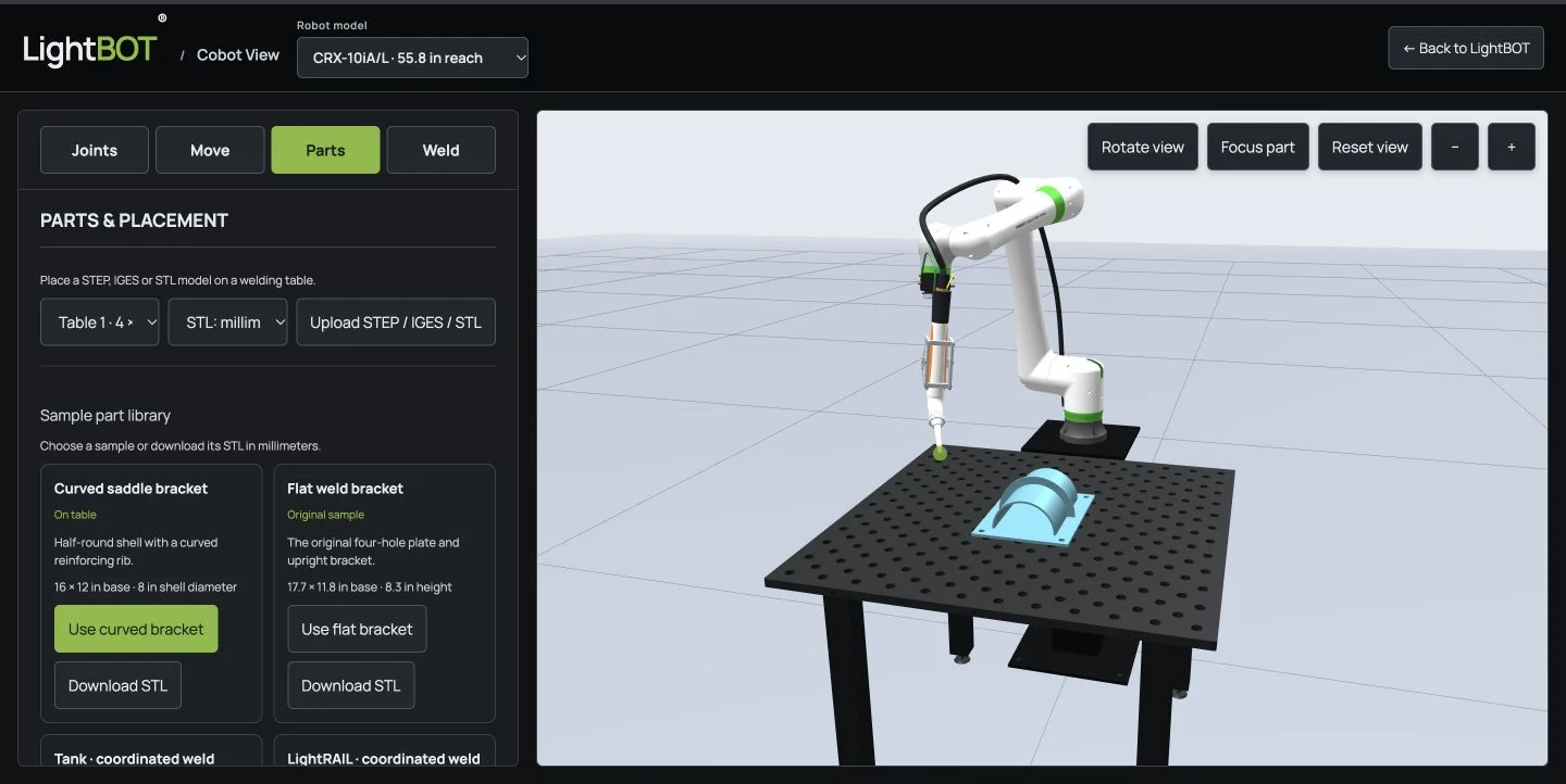 Cobot View showing a FANUC CRX robot, a sample welding part on a fixture table, and the sample part and CAD upload controls