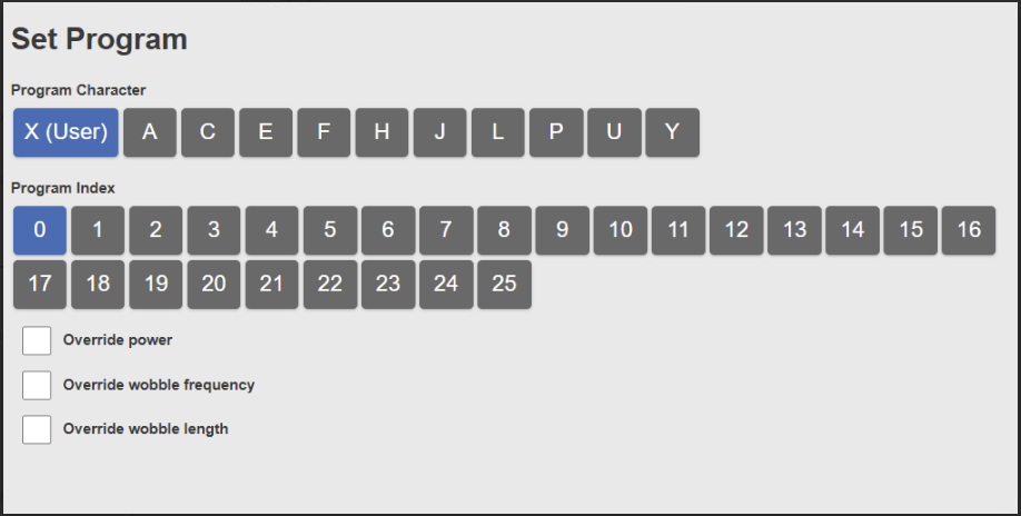 LightBOT Set Program screen with IPG preset selection and power, wobble frequency, and wobble length overrides