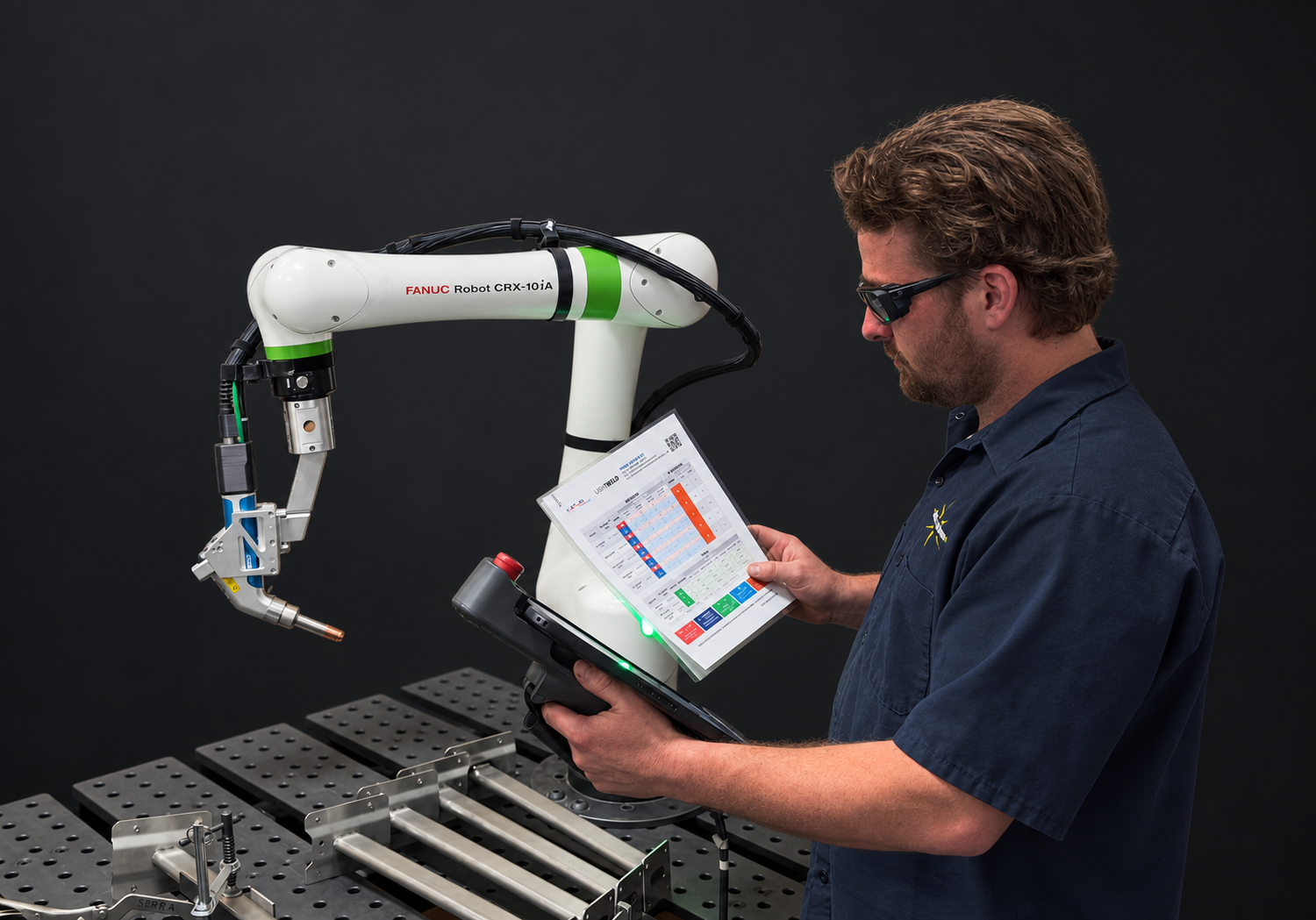 Operator teaching a weld path on the LightBOT FANUC CRX system