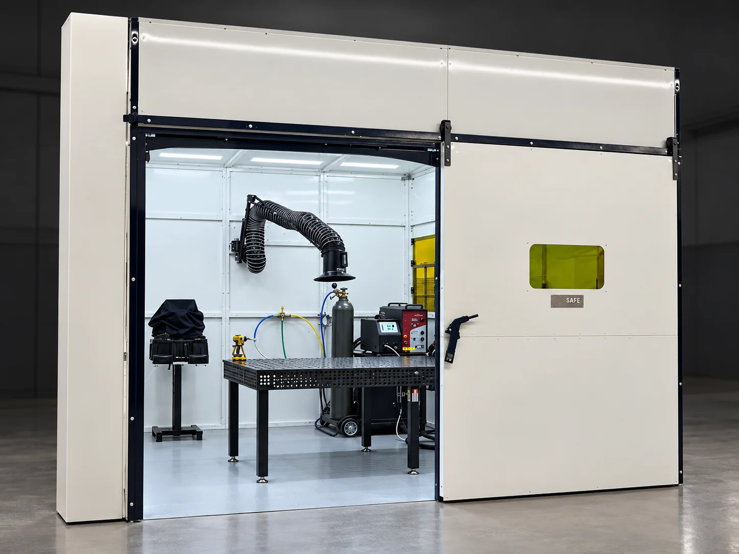 Walk-in laser welding enclosure with a wide sliding door and fume extraction arm