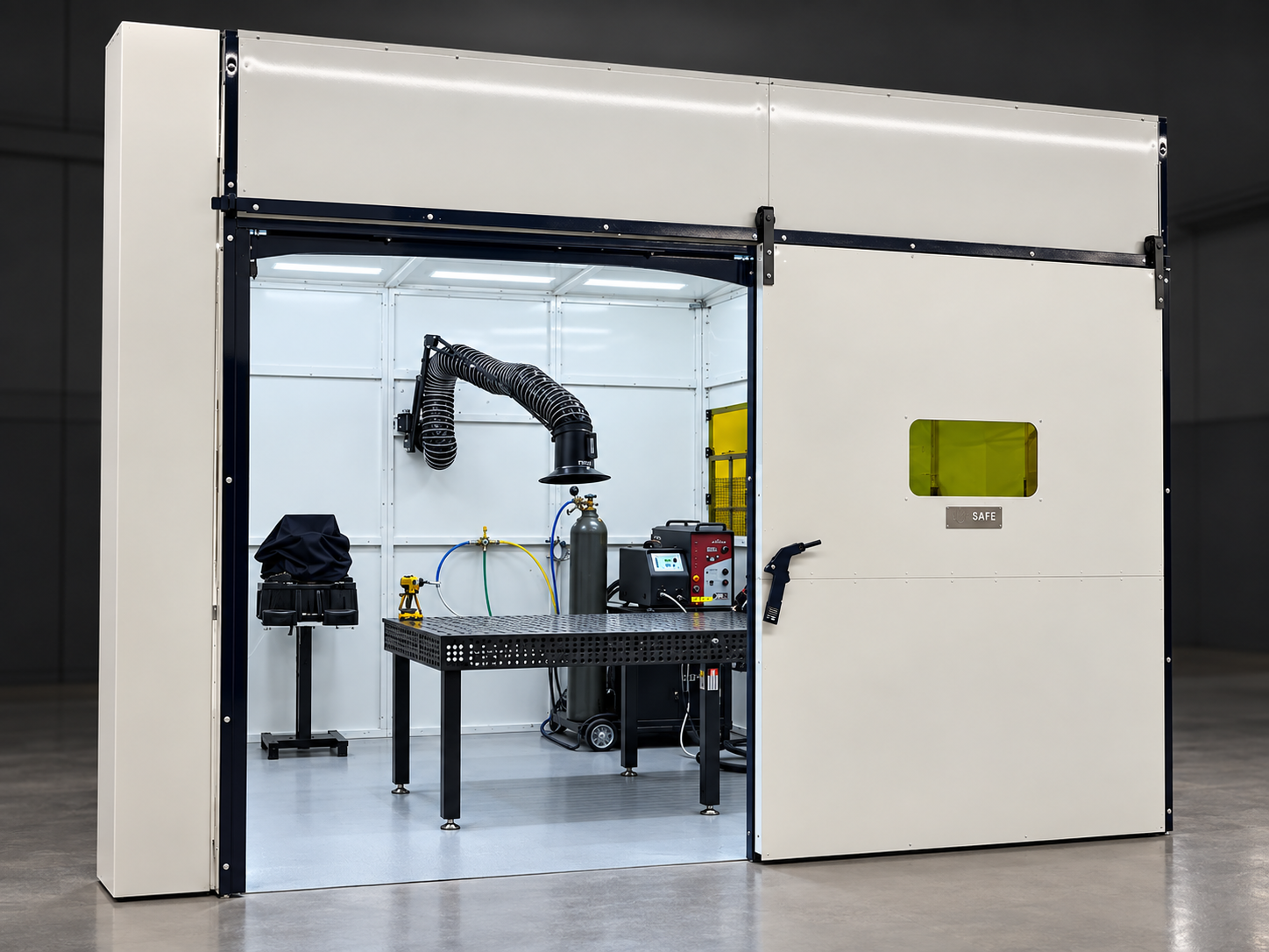 Walk-in laser welding enclosure with a wide sliding door and fume extraction arm