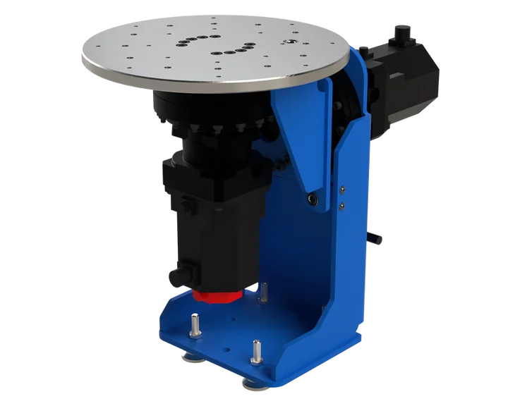 Two-axis tilt-and-rotate LightSTAGE weld positioner with circular fixture tabletop
