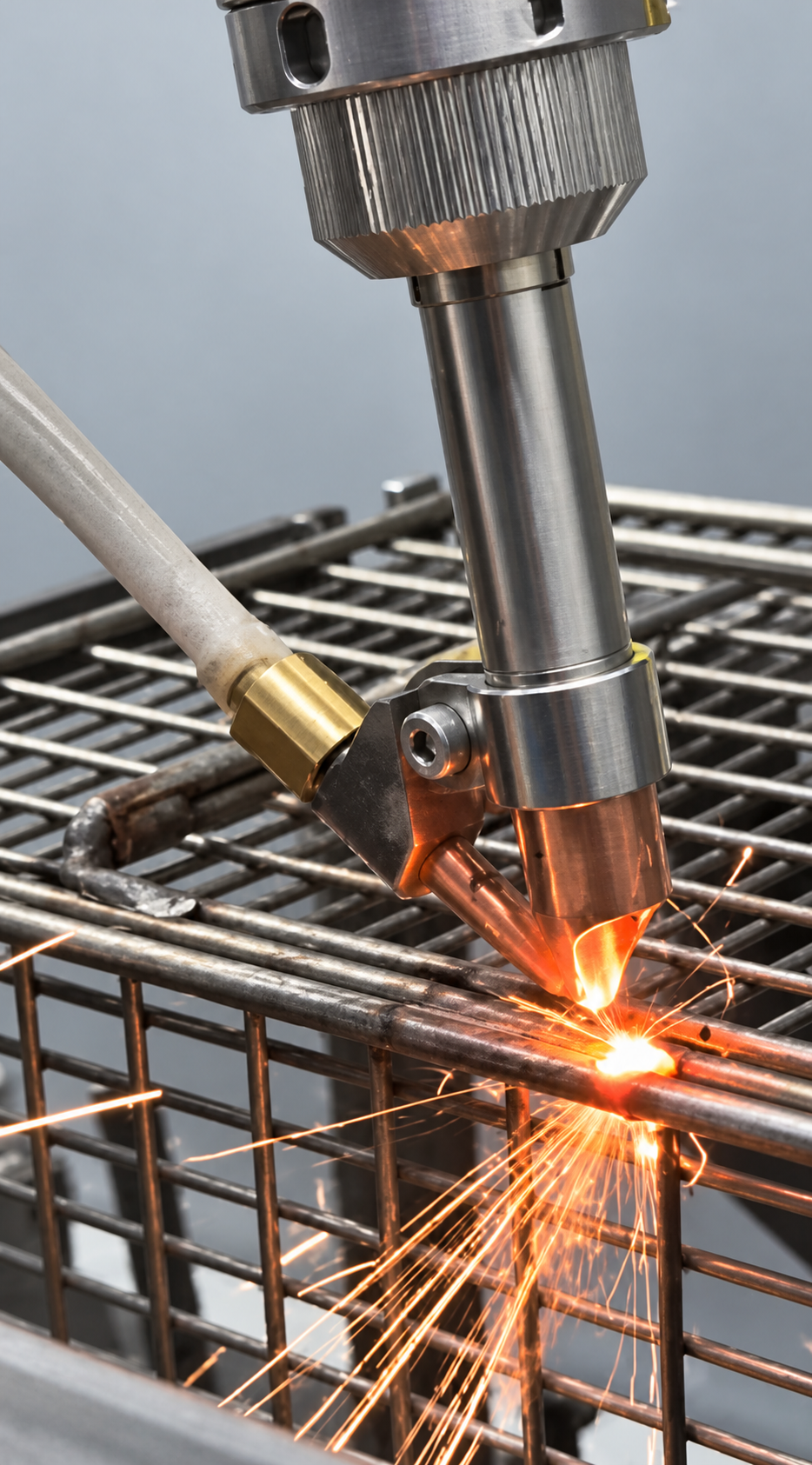 Close-up of wire-feed laser welding on a stainless industrial fryer basket